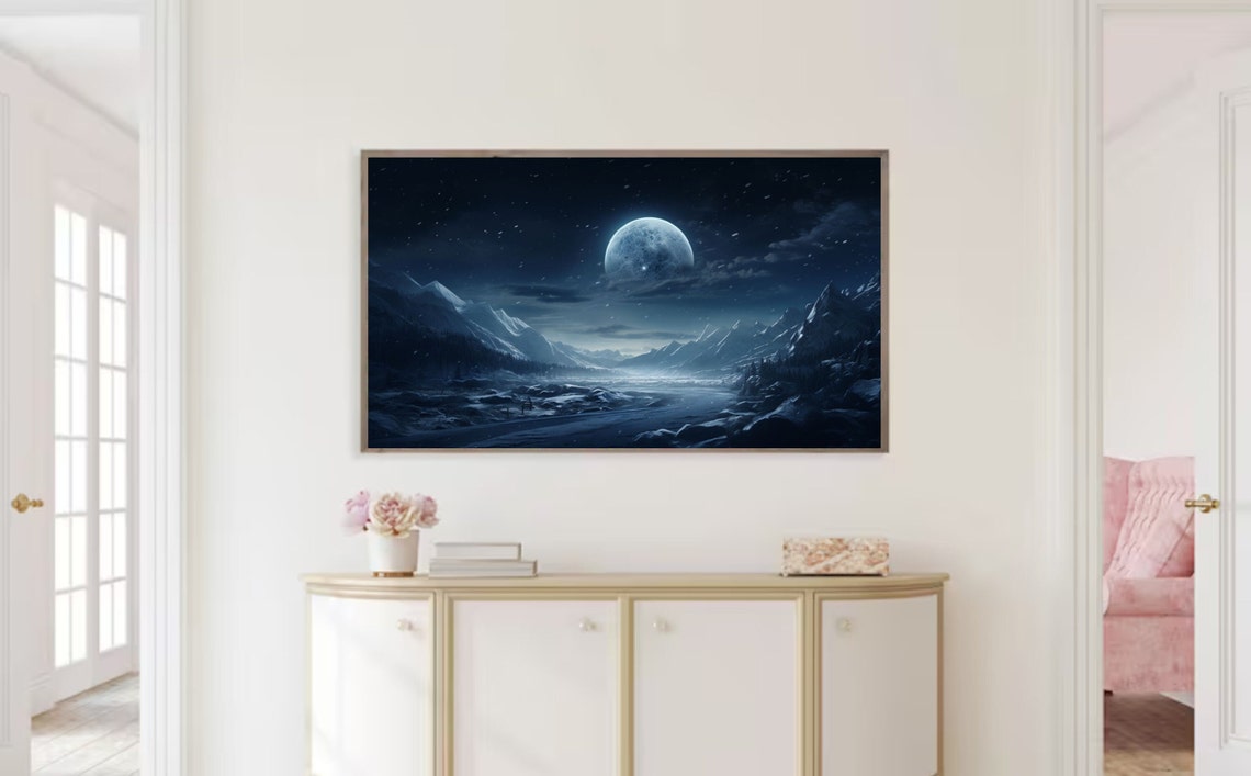 Full Moon Snowy Mountains Falling Snow Winter Night Art Poster - Image 2