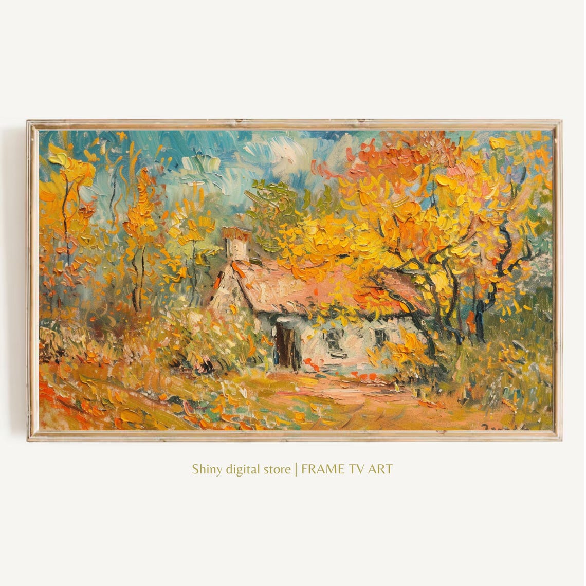 Golden Autumn Cottage Among Yellow Trees Impressionist Oil Wall Art