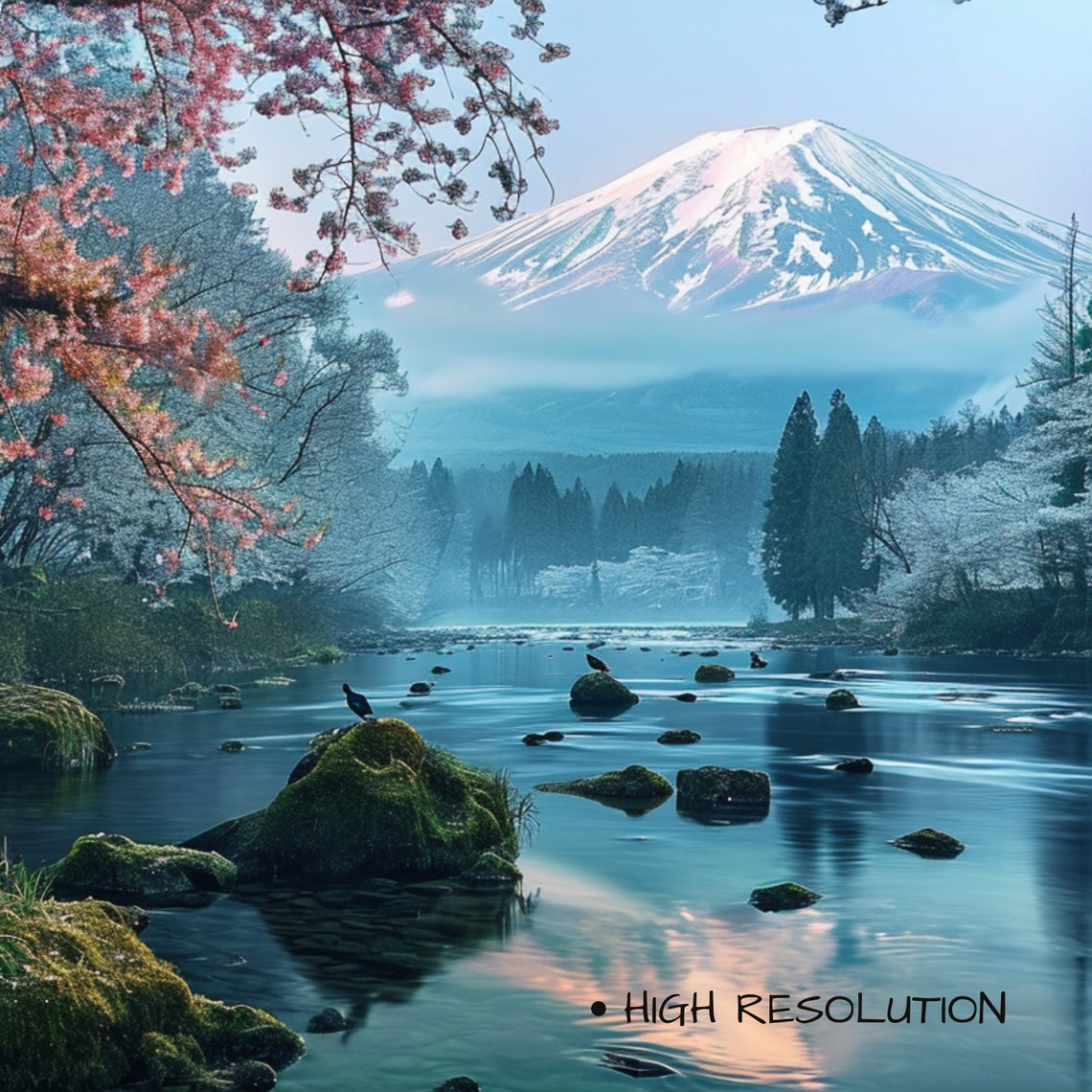 Mount Fuji Cherry Blossom Spring River Japan Landscape Travel Poster - Image 3