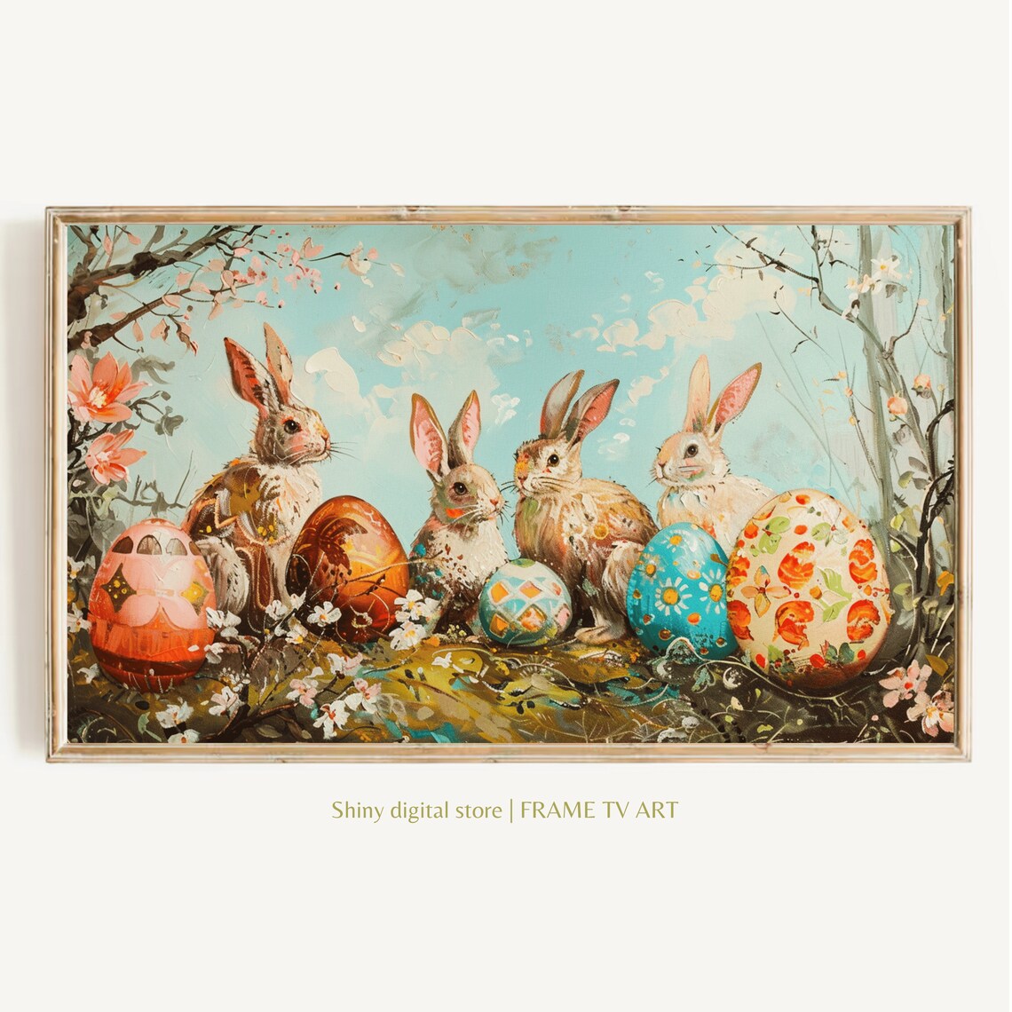 Vintage Easter Bunny, Rabbits With Eggs Painting