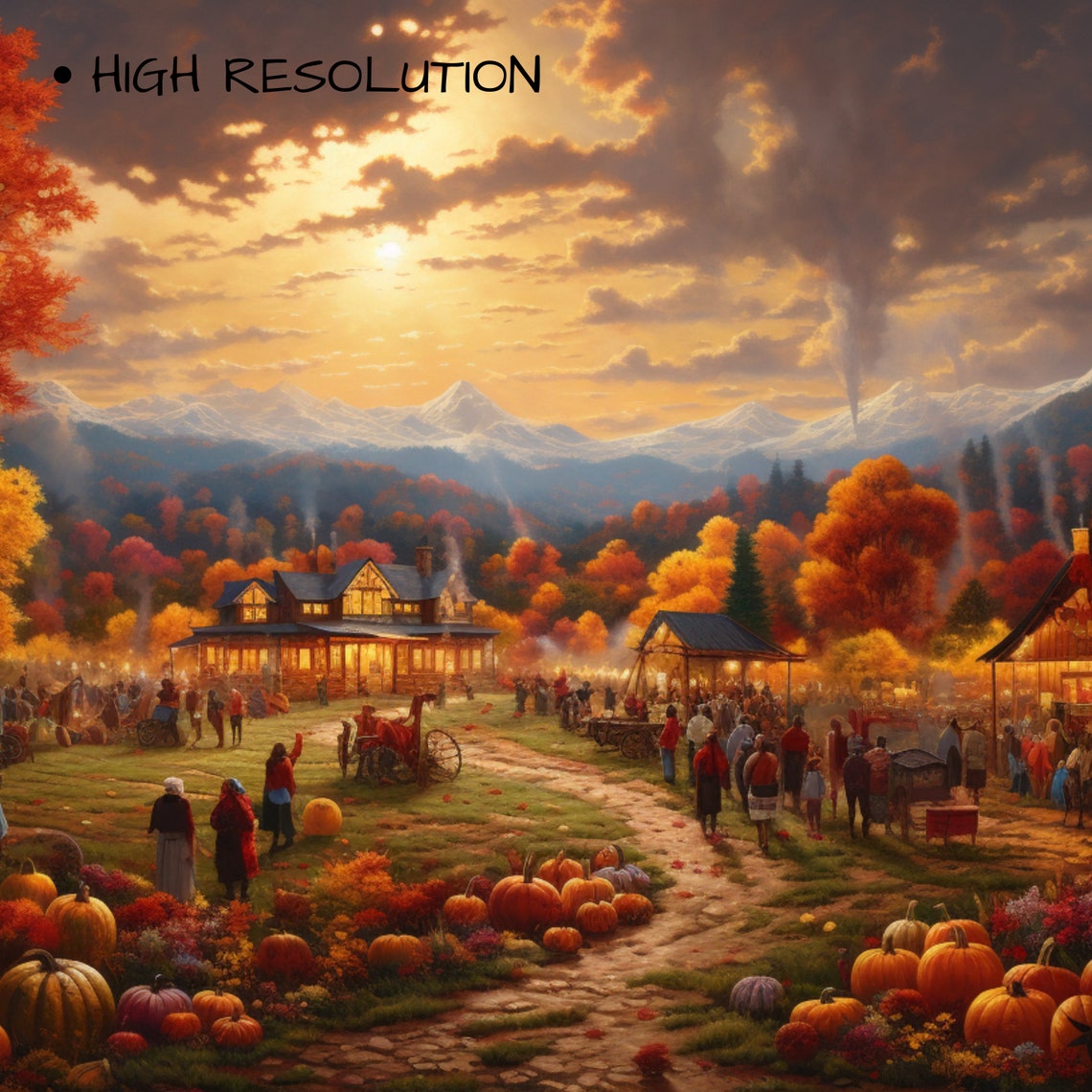 Fall Harvest Gathering Farm Pumpkins Sunset Landscape Painting Poster - Image 3
