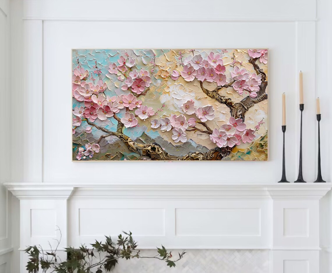 Pink Cherry Blossoms On Branch Soft Pastel 3D Textured Painting Poster - Image 2