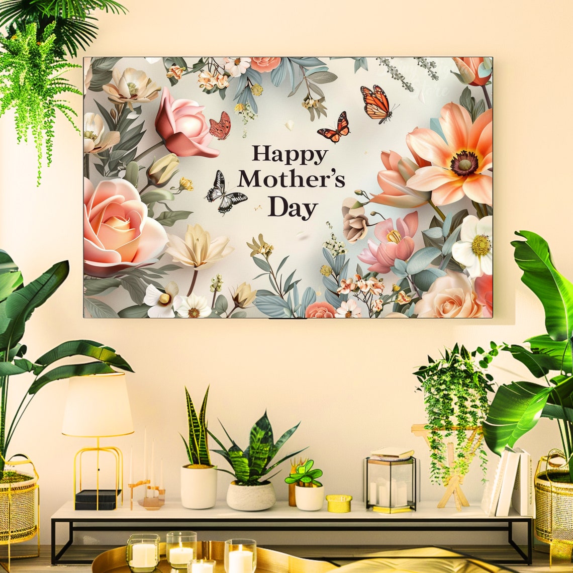 Happy Mothers Day Blush Flowers Butterflies Spring Greeting Art Poster - Image 2