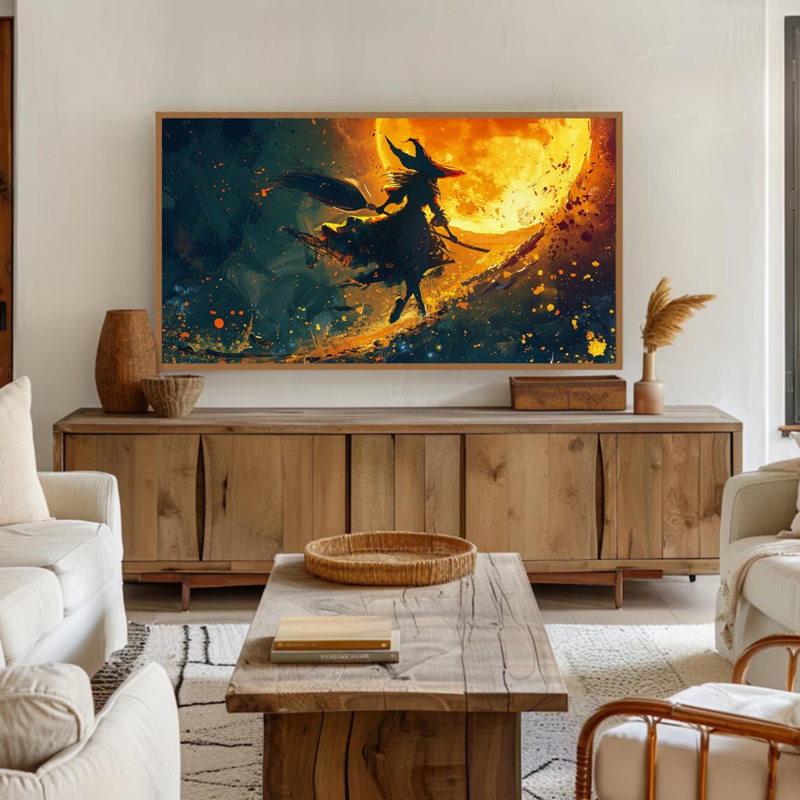 Witch Silhouette Flying Across Blazing Full Moon Halloween Night Wall Art - Image 2