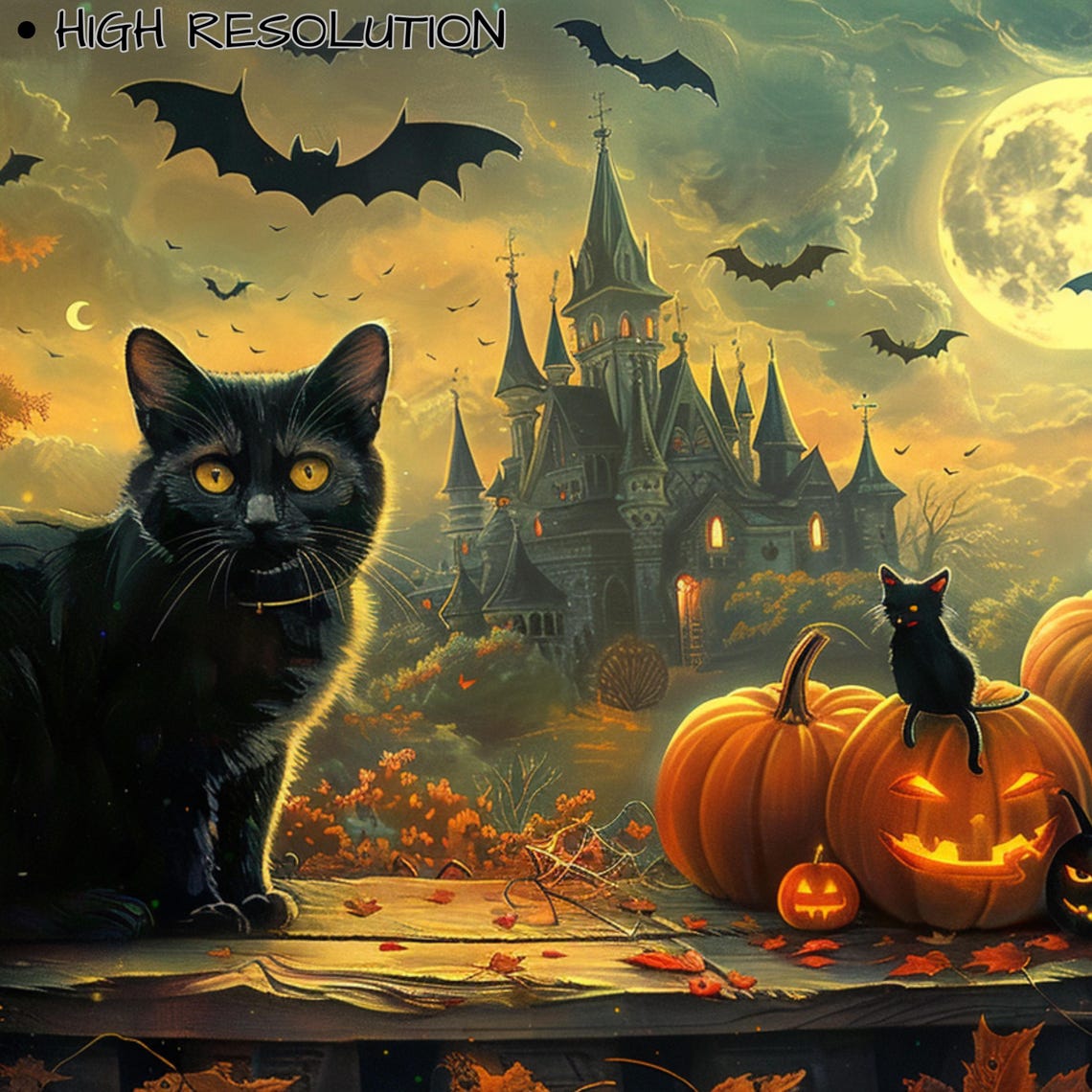 Vintage Black Cat Haunted House Pumpkins Bats Moon Halloween Wall Art - Image 3