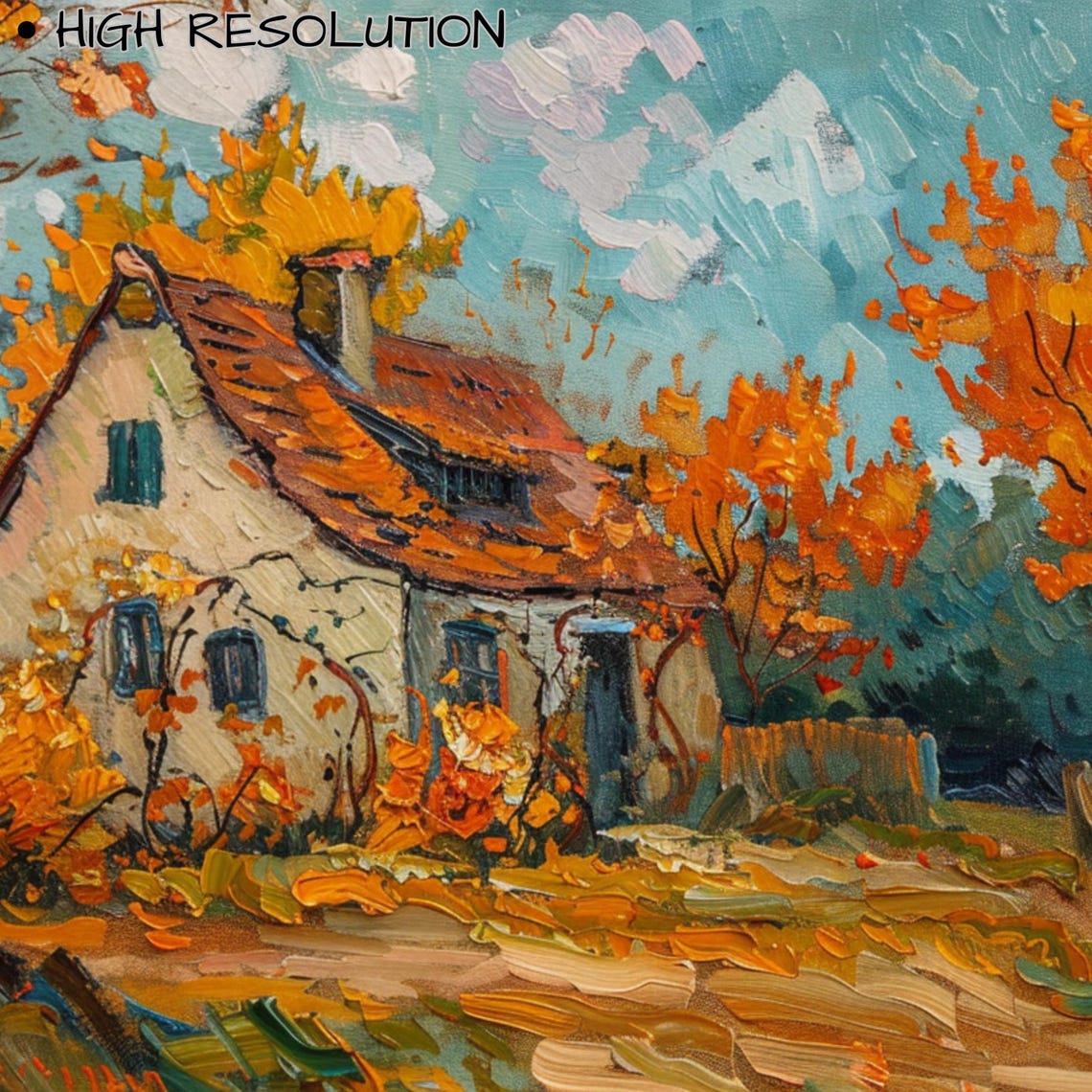Impressionist Autumn Cottage Fiery Fall Foliage Cozy Vintage Poster - Image 3