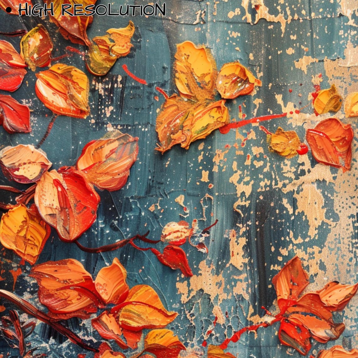 Autumn Leaves Teal Background Textured Fall Foliage Art Poster - Image 3