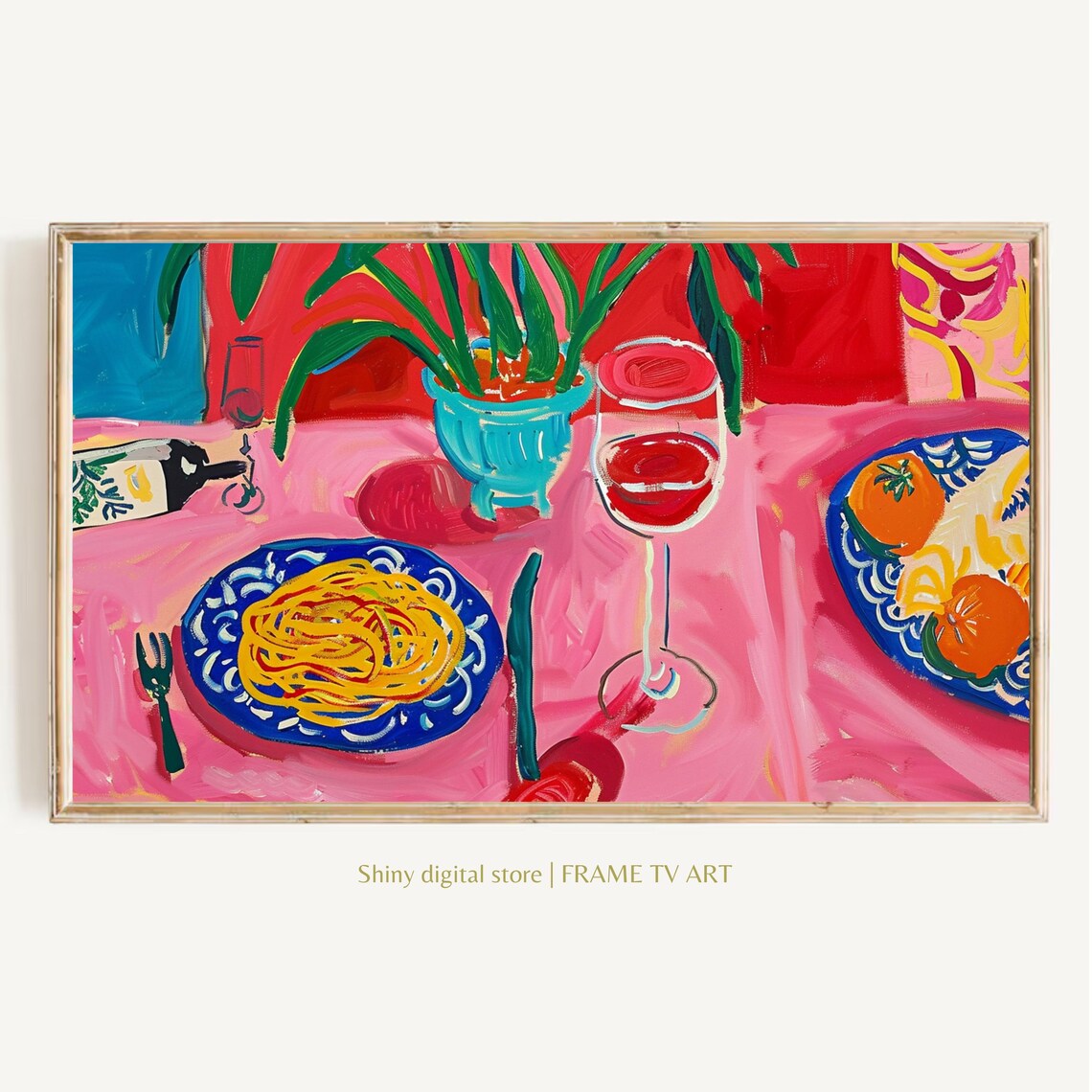 Italian Pasta Dinner Table Wine Glass Colorful Pop Art Print Poster