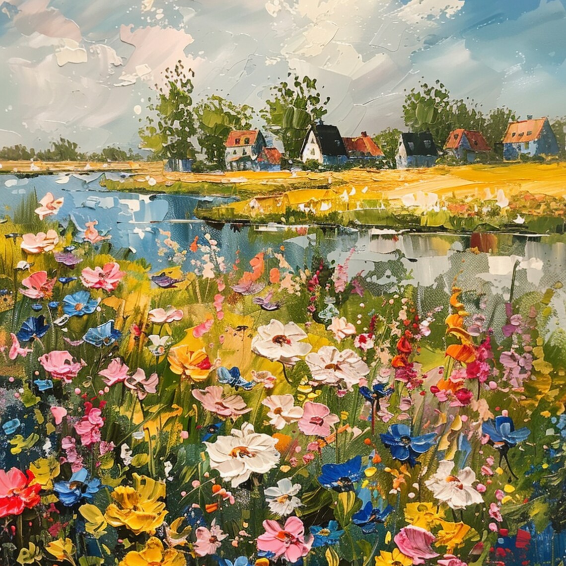 Colorful Flower Field Canal Village Summer Countryside Art Poster - Image 3