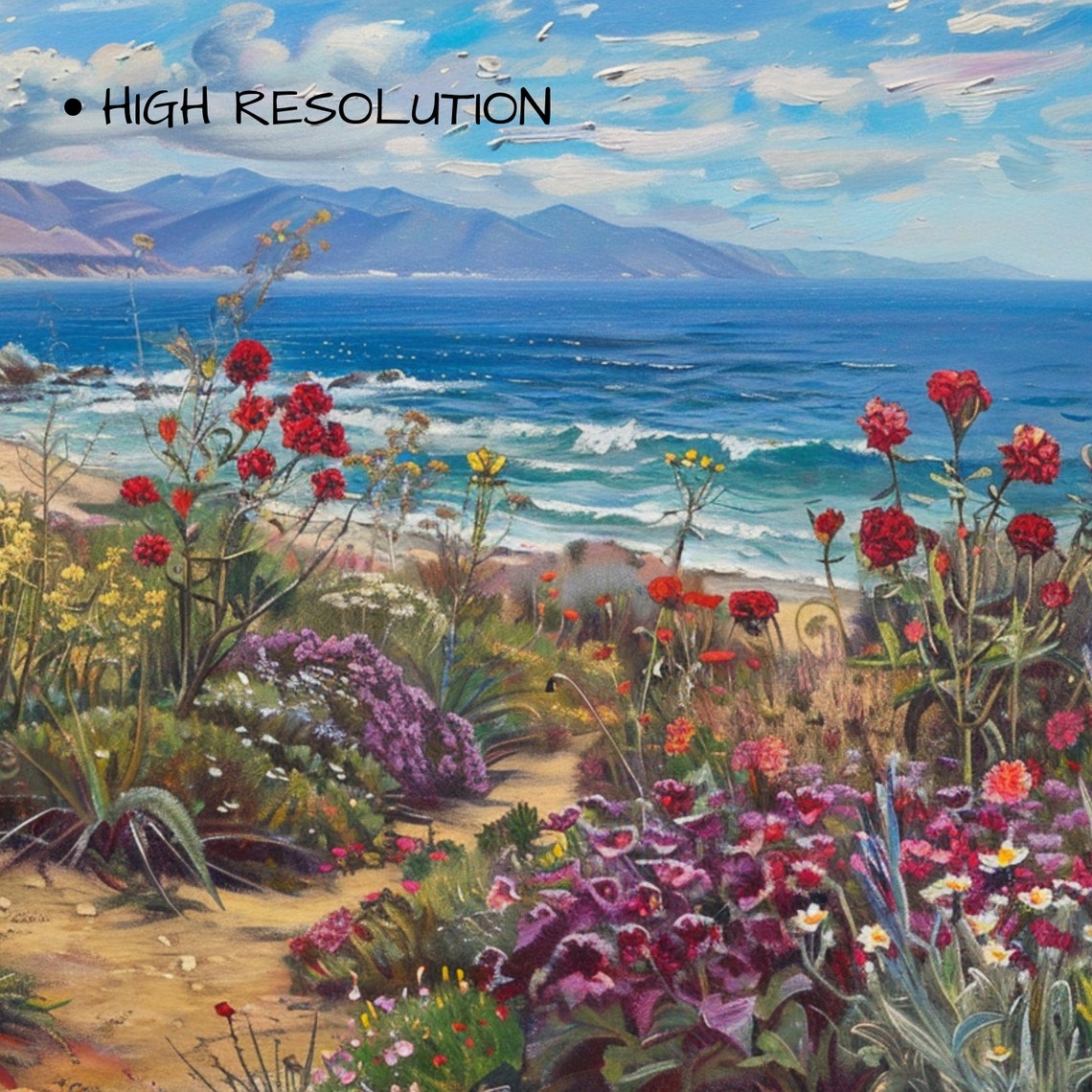 Coastal Wildflower Garden Overlooking Blue Ocean Mountains Wall Art - Image 3