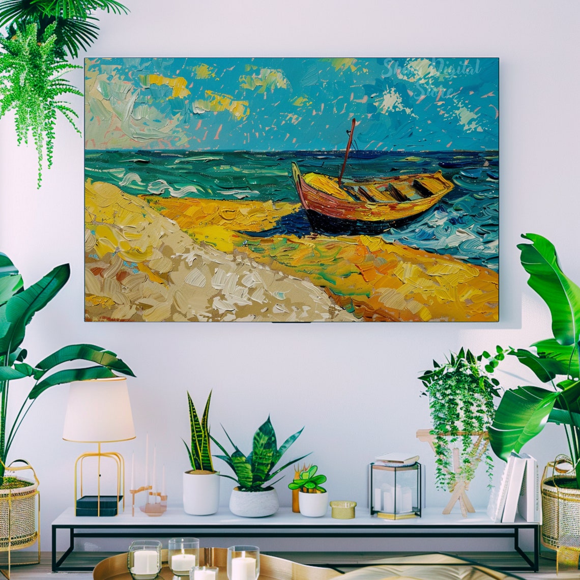 Van Gogh Style Fishing Boat Beach Turquoise Waves Summer Poster - Image 2