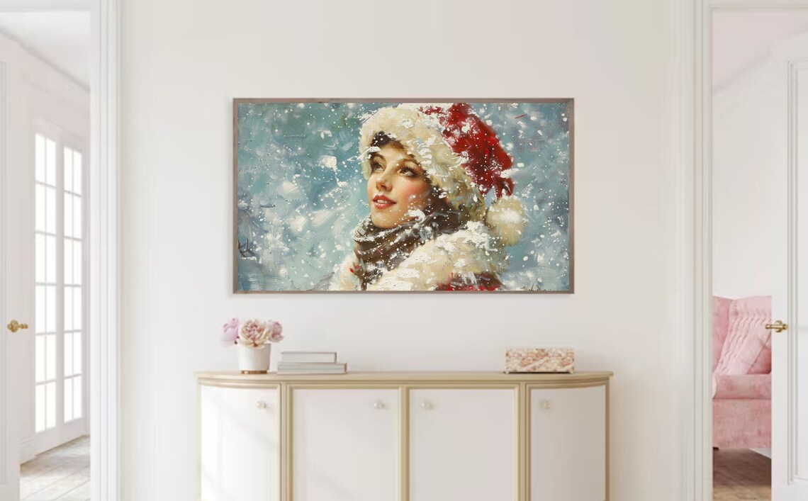 Vintage Woman Red Santa Hat Falling Snow Christmas Portrait Art Poster - Image 2