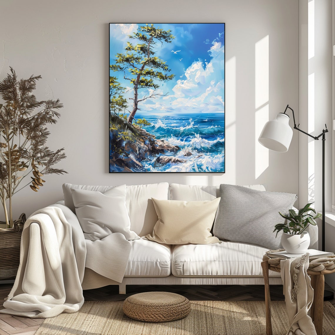 Windswept Pine Tree Cliff Ocean Waves Seascape Oil Painting Poster - Image 2
