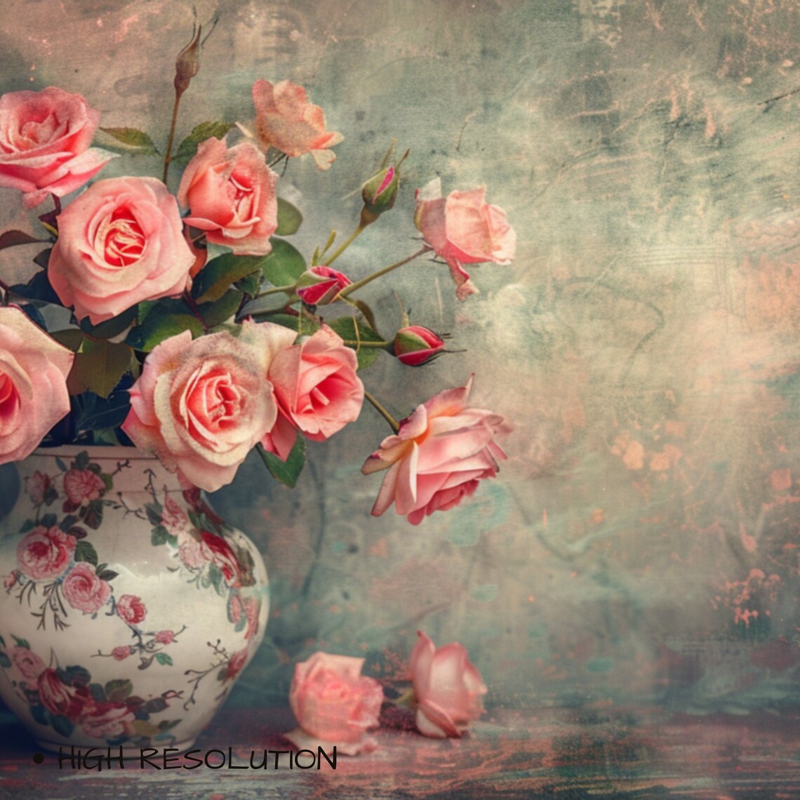 Pink Roses Floral Porcelain Vase Vintage Romantic Rose Bouquet Poster - Image 3