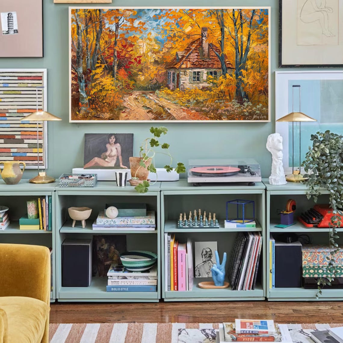 Cozy Autumn Cabin Orange Forest Textured Impasto Fall Landscape Poster - Image 2