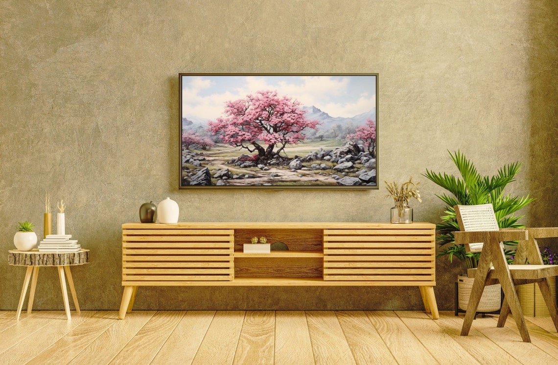 Pink Blossom Tree Rocky Field Mountains Spring Landscape Art Print - Image 2