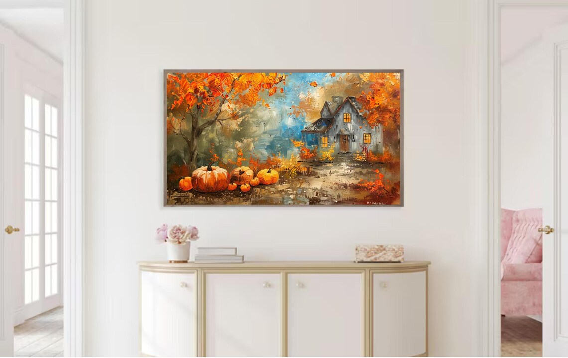 Autumn Barn Glowing Windows Pumpkins Moody Fall Harvest Painting Art Poster - Image 2
