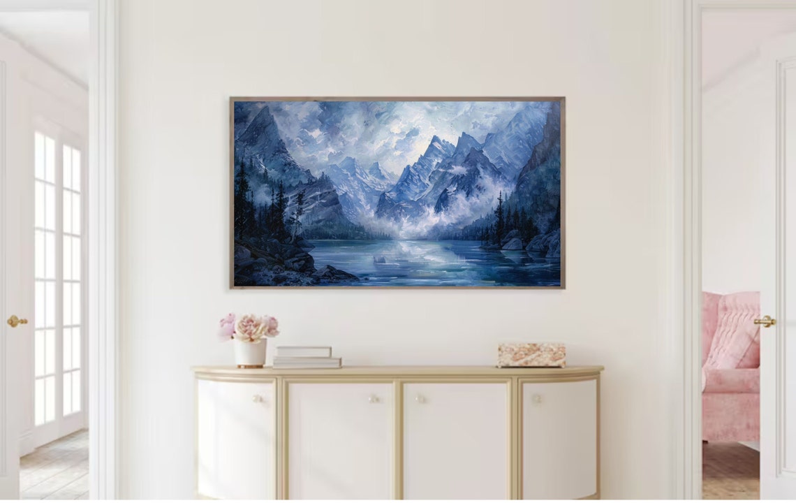 Misty Blue Mountain Lake Moonlit Peaks Moody Landscape Poster - Image 2