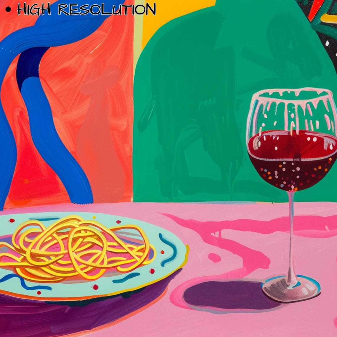 Spaghetti Plate Red Wine Pop Art Colorful Kitchen Still Life Poster - Image 3