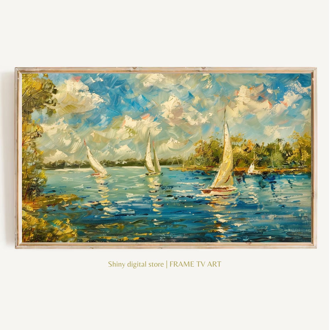 Sailboats On Blue Lake Sunny Clouds Impressionist Painting Poster