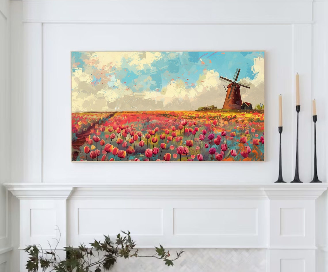Dutch Windmill Red Tulip Fields Holland Spring Landscape Travel Poster - Image 2
