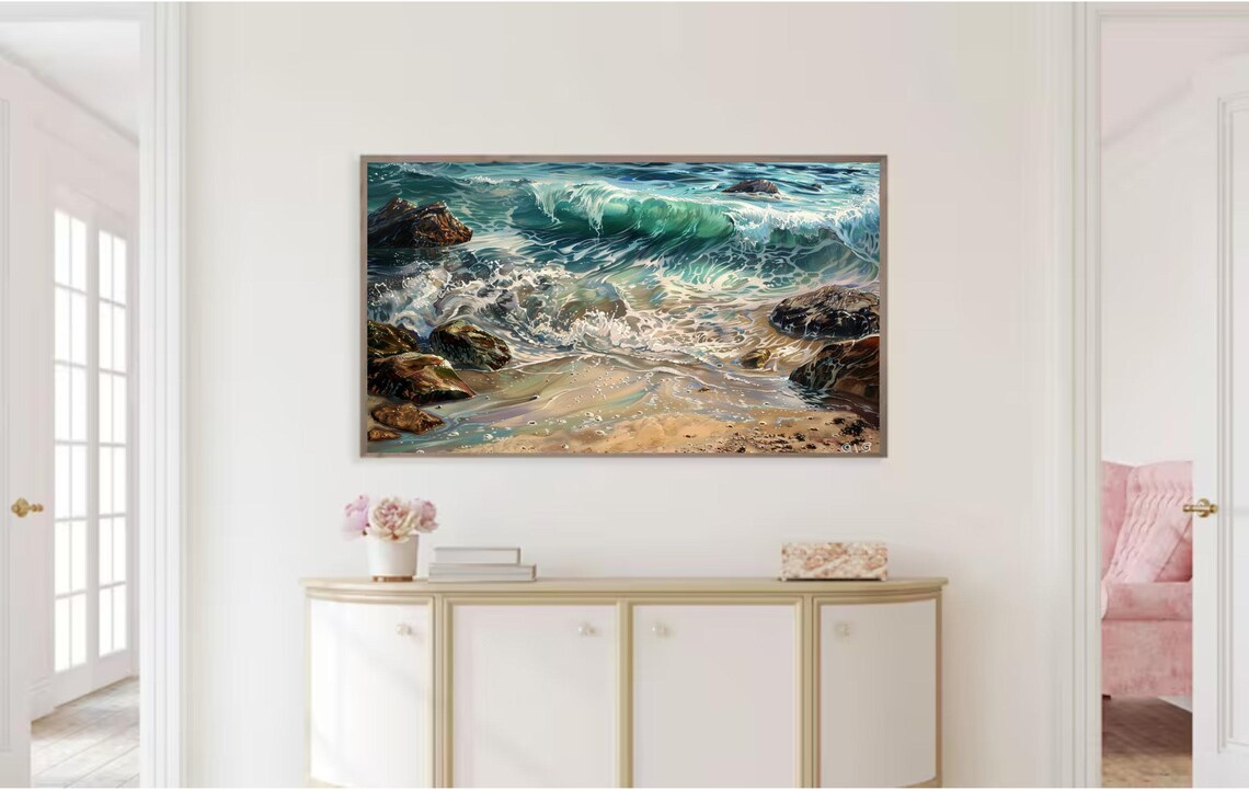 Ocean Waves Crashing Rocky Shore Turquoise Water Coastal Seascape Wall Art - Image 2