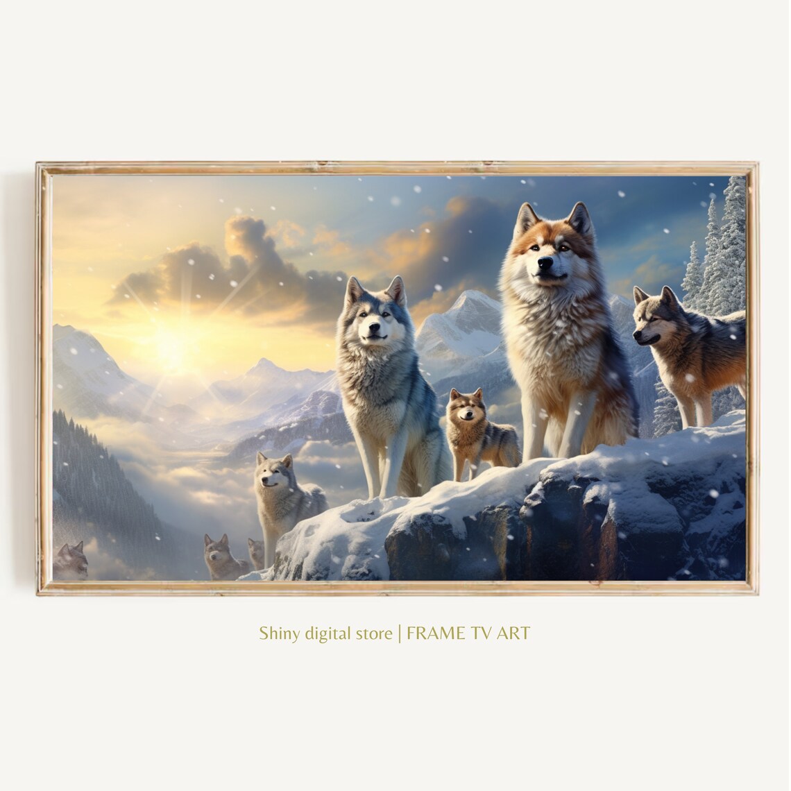Wolf Pack Sunrise Snowy Cliff Mountain Winter Wildlife Art Poster
