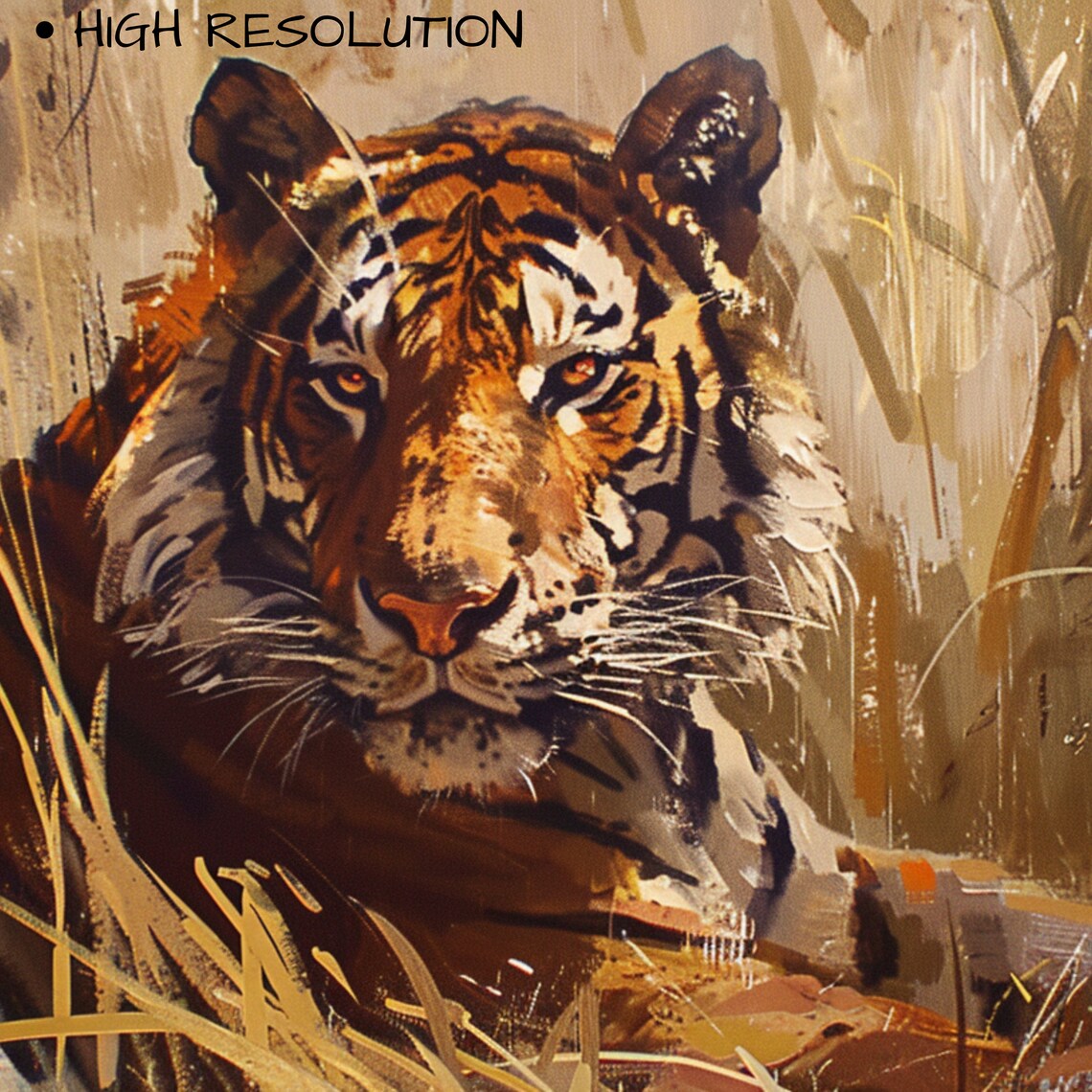 Majestic Tiger Resting In Golden Grass Safari Wildlife Painting Wall Art Print - Image 3