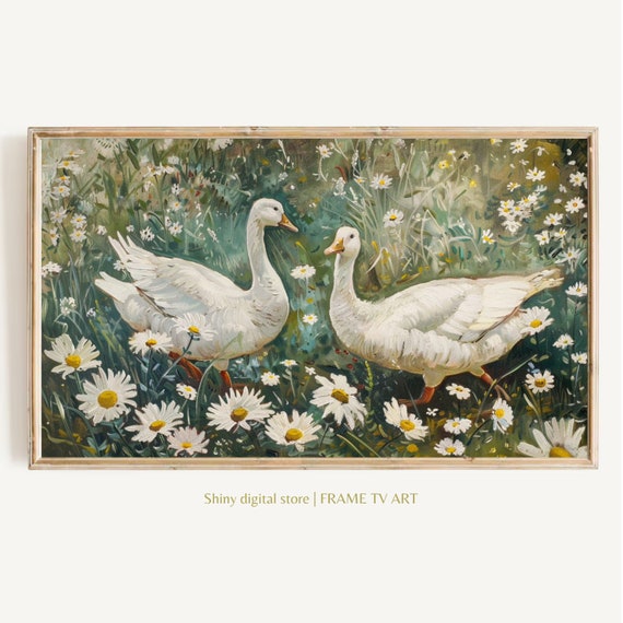 Frame Tv Art Geese In Daisies Spring Frame Tv Artwork Vintage Painting Style Farmhouse Tv Art Cute Animals White Flowers