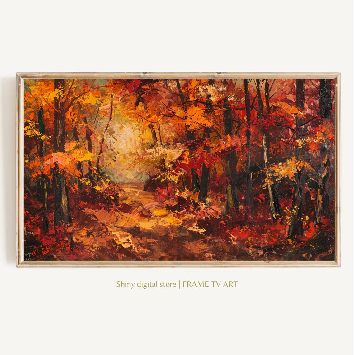 Fiery Autumn Forest Path Fall Foliage Impressionist Landscape Wall Art