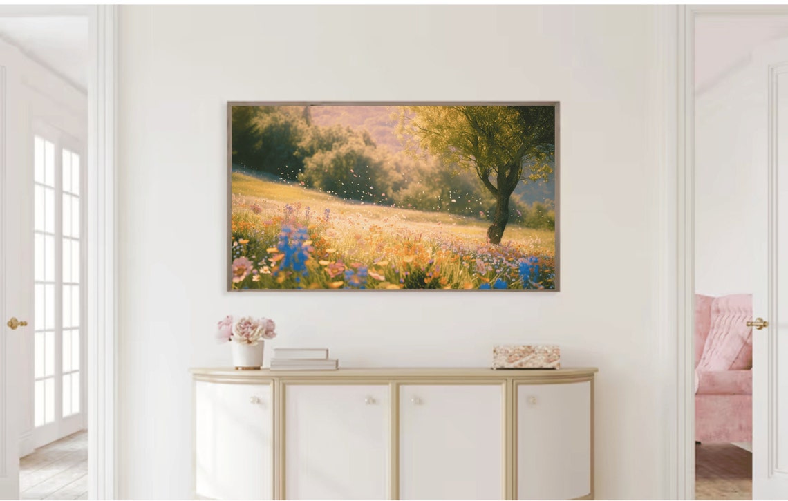 Sunlit Wildflower Meadow Golden Tree Morning Light Nature Field Poster - Image 2