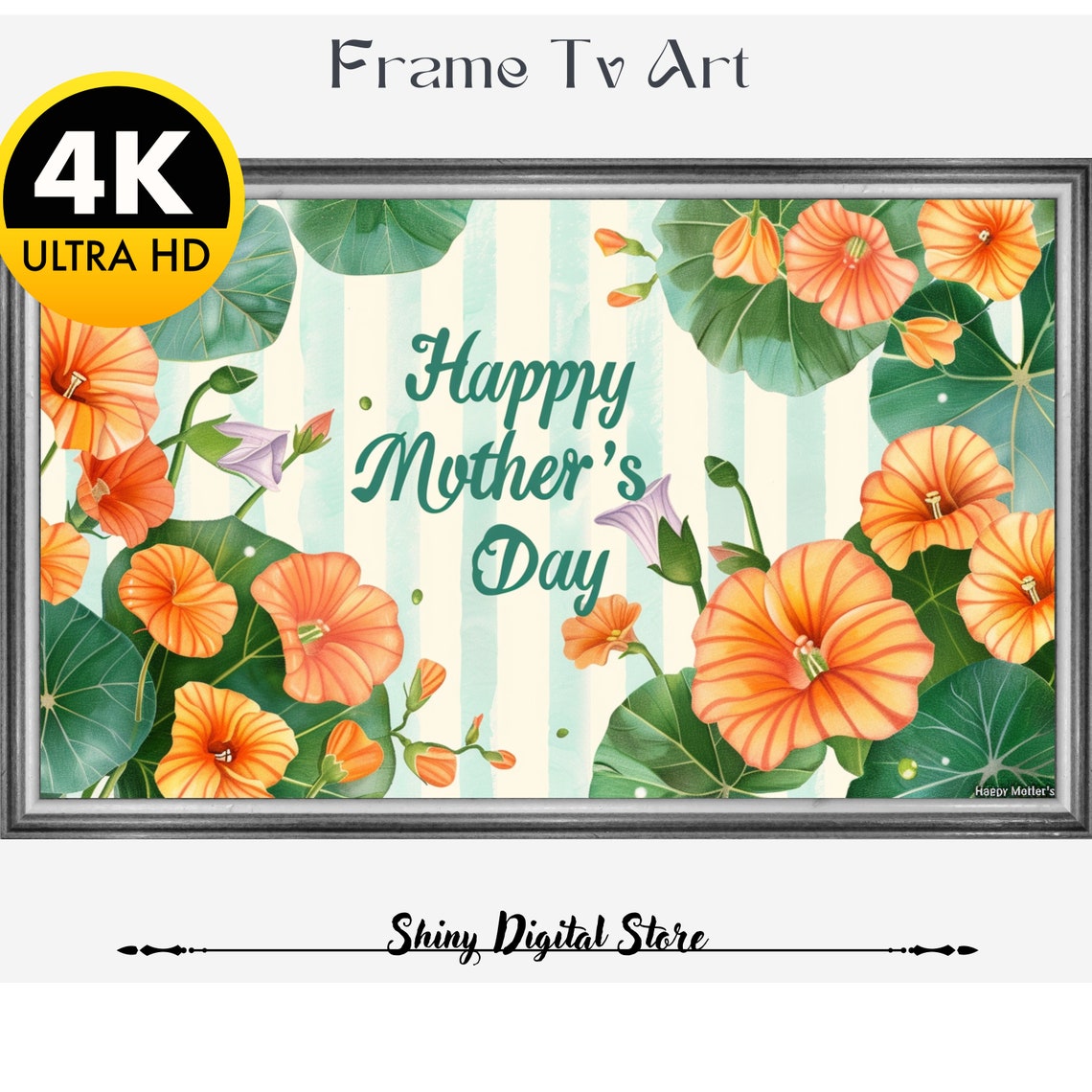 Happy Mothers Day Mint Stripes Orange Nasturtium Floral Art Poster