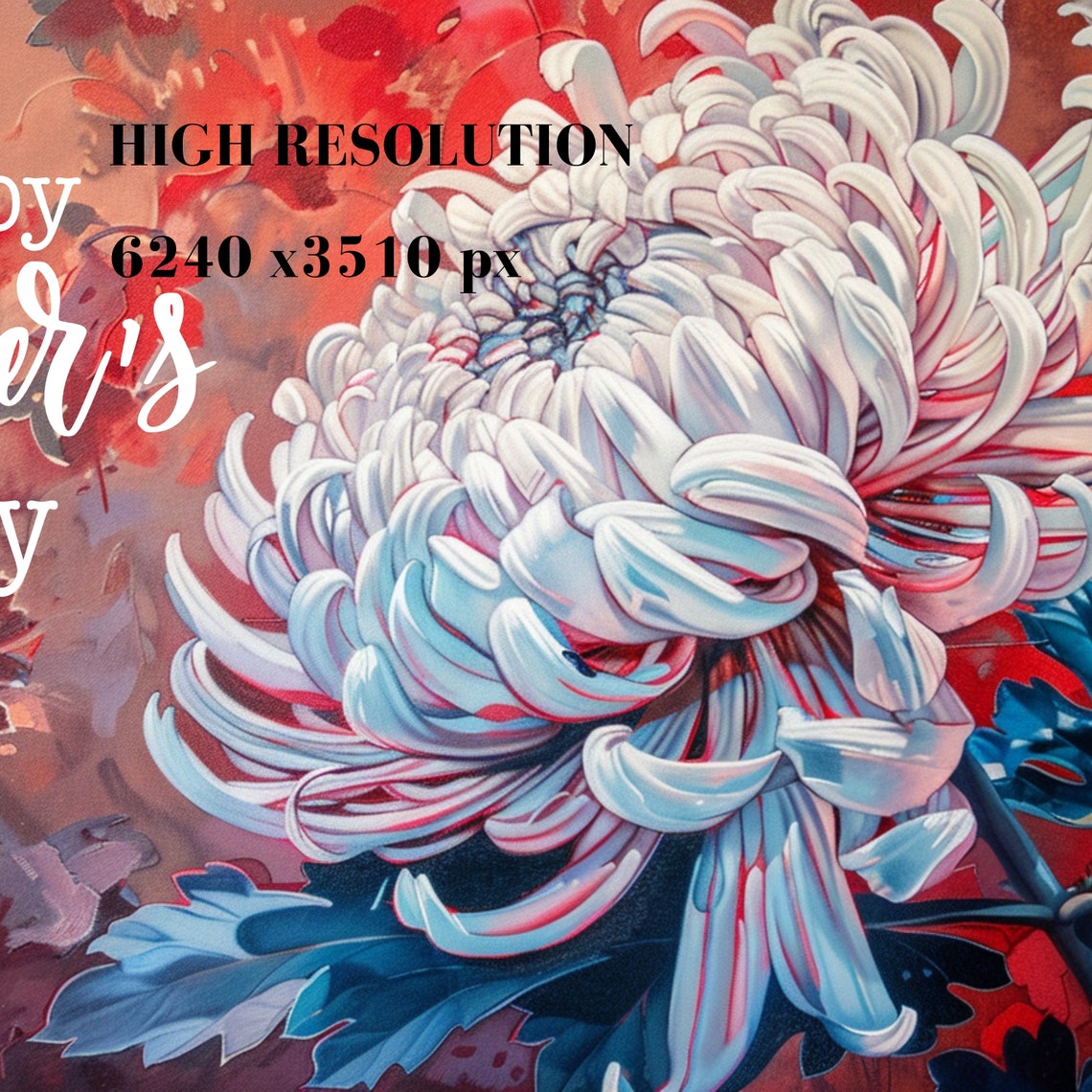 White Chrysanthemum Happy Mothers Day Red Blue Floral Wall Art - Image 3