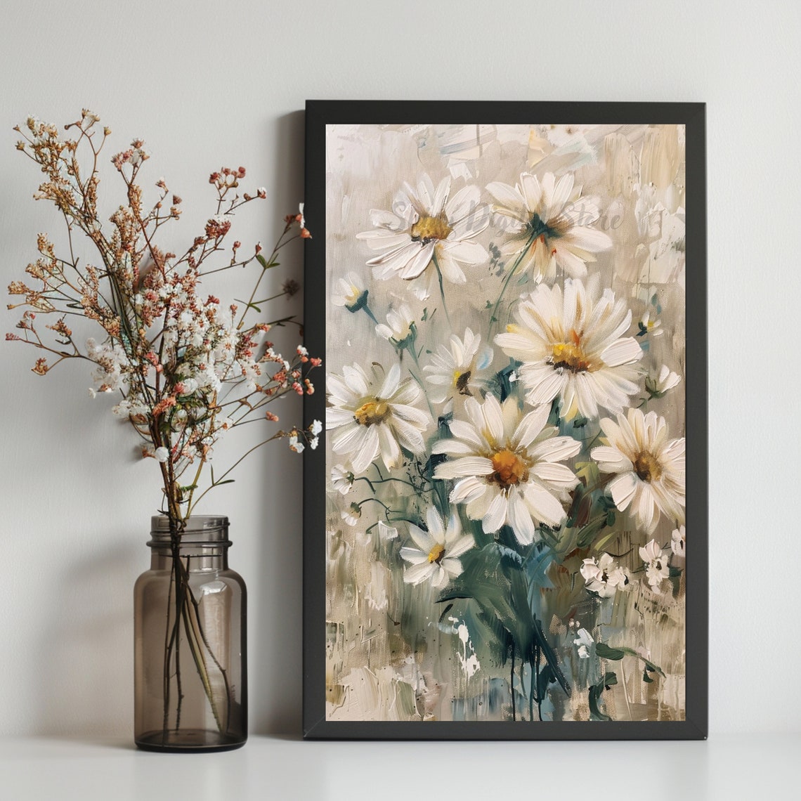 Wildflower Field Landscape Oil Painting Vintage Floral Farmhouse Spring Daisies Neutral Wall Art Print Mothers Day 2024 - Image 2