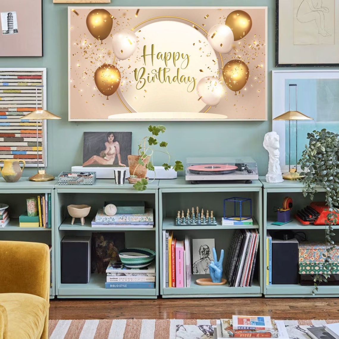 Gold Happy Birthday Script Balloons Confetti Elegant Party Art Poster - Image 2