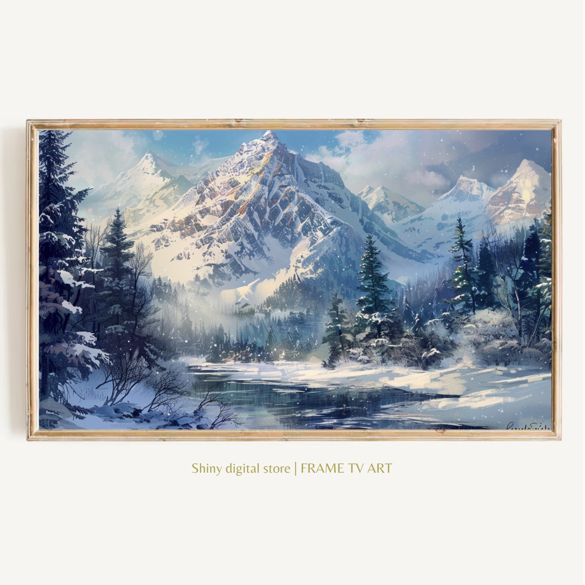 Snow Capped Mountain Valley Frozen Lake Sunny Winter Peaks Art Poster