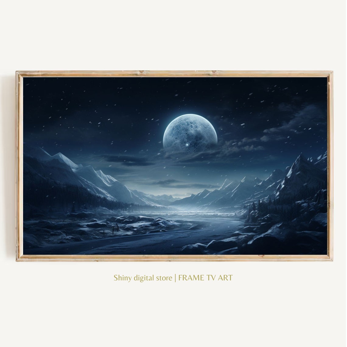 Full Moon Snowy Mountains Falling Snow Winter Night Art Poster
