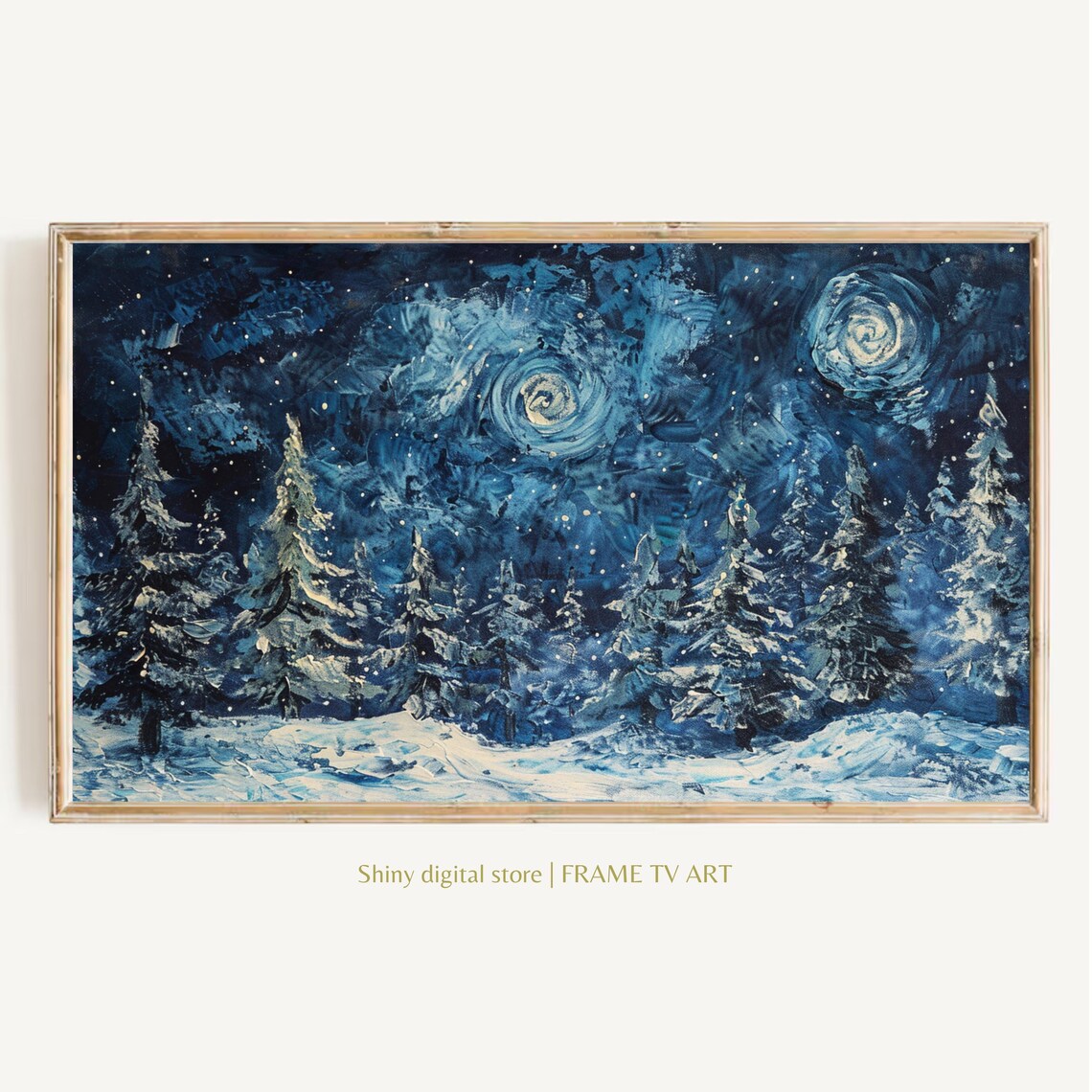 Starry Night Snowy Pines Winter Landscape Oil Painting Art Poster