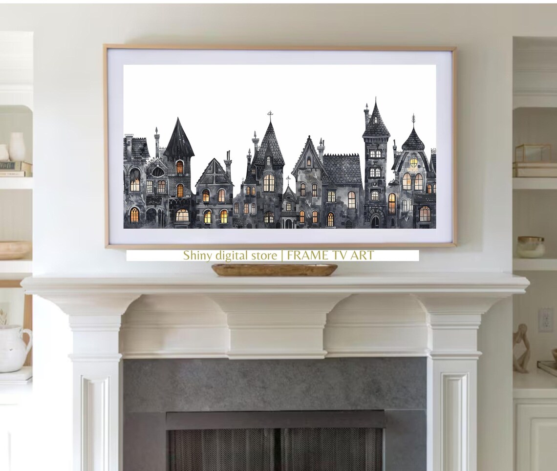 Haunted Houses Watercolor Glowing Windows Spooky Halloween Village Poster - Image 3