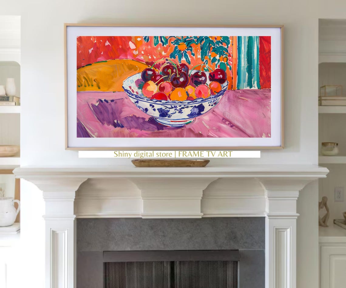 Cherry Bowl Still Life Colorful Fruit Painting Kitchen Art Poster - Image 3
