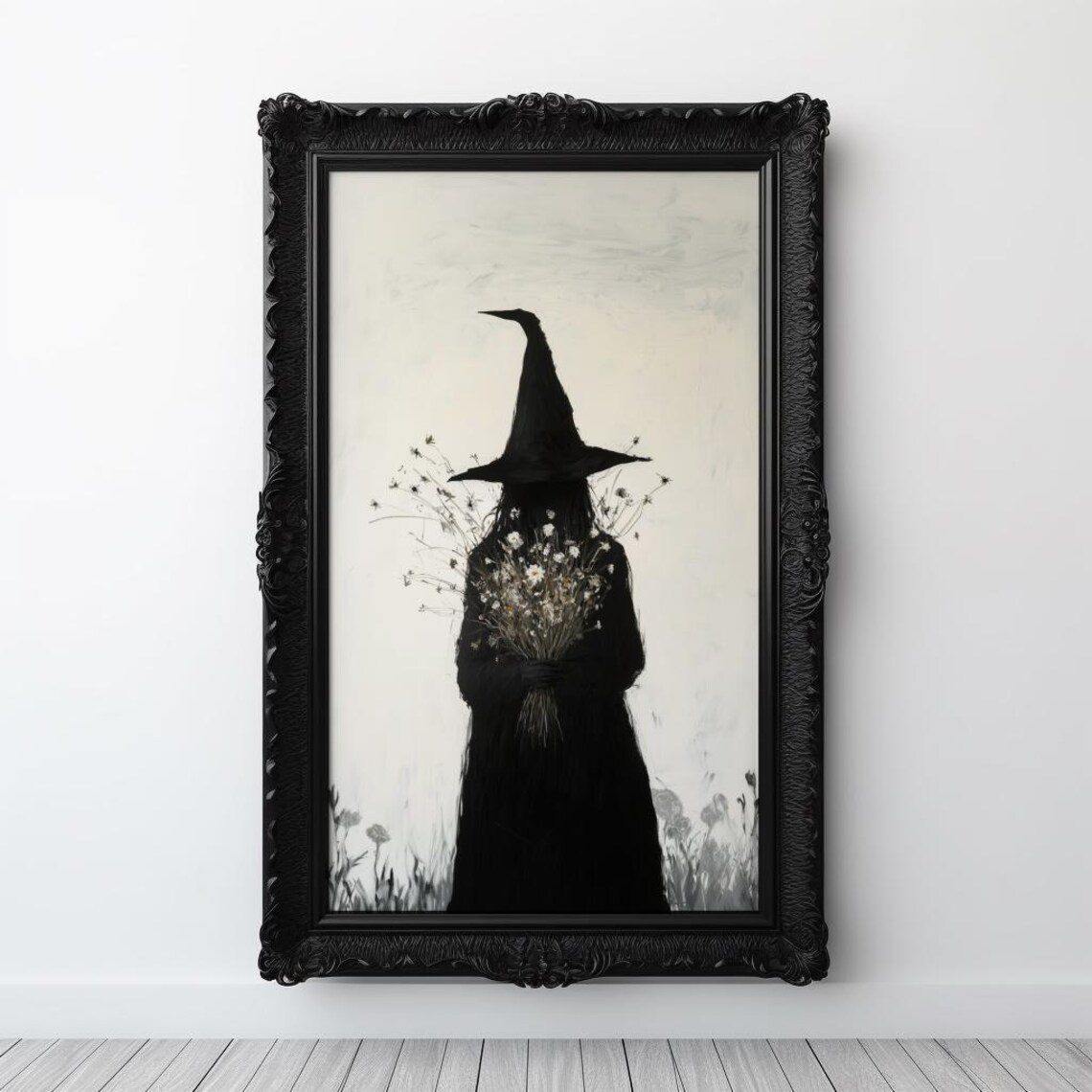 Gothic Witch Holding Wildflowers Dark Academia Silhouette Poster