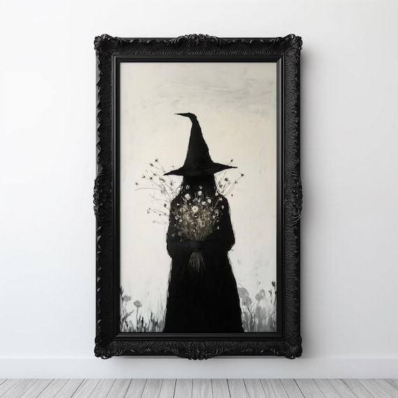 Gothic Witch Holding Wildflowers Dark Academia Silhouette Poster