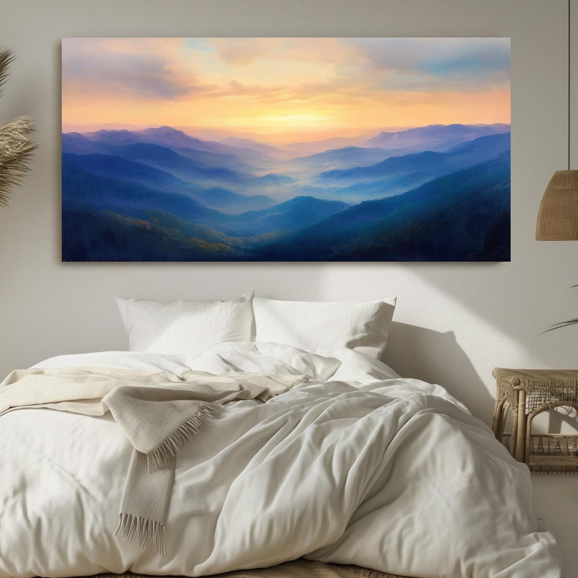 Blue Smoky Mountain Landscape Painting At Dusk Print Serene Nature Wall Art Rustic Mountain Decor Scenic Evening Artwork