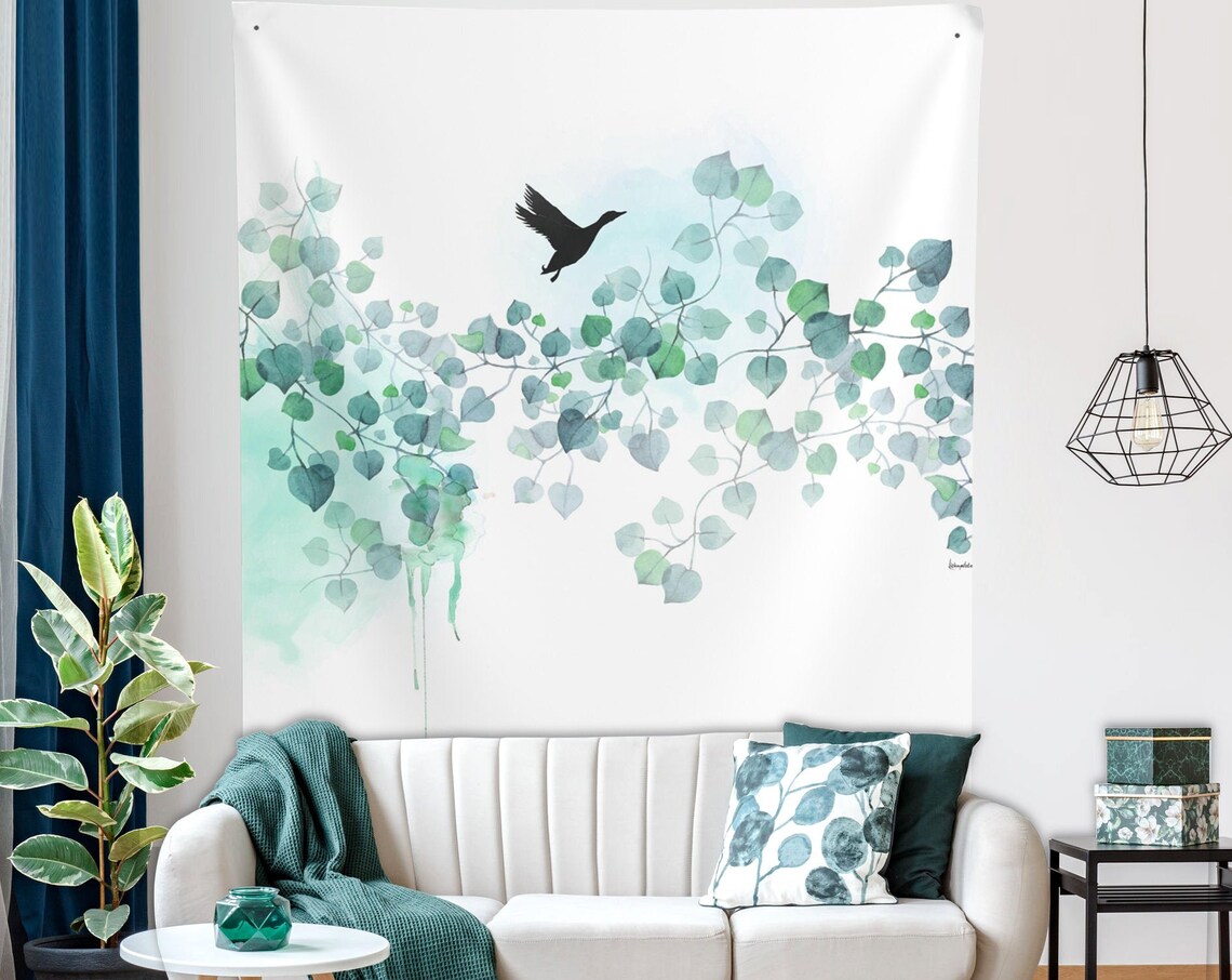 Blue Leaves Boho Botanical Wall Hanging Art Print - Image 2
