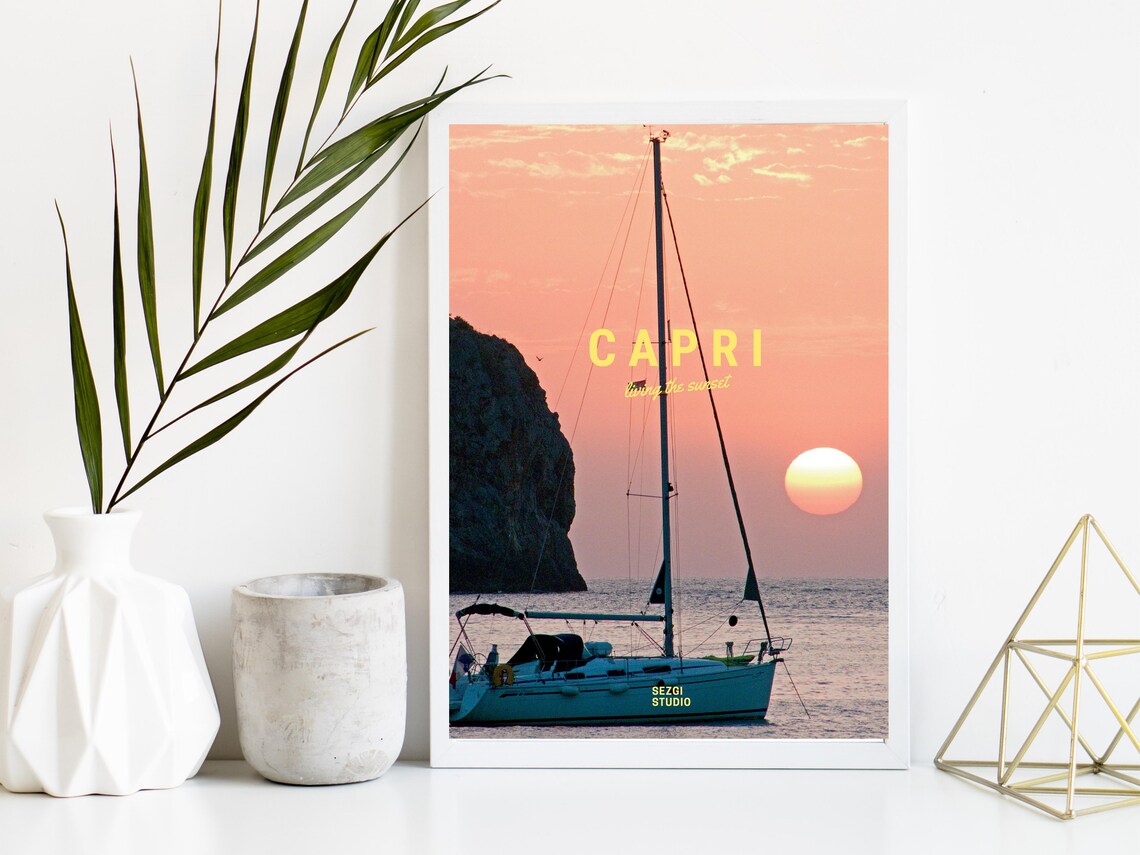 Capri Italy Sailboat Faraglioni Sunset Coastal Travel Poster