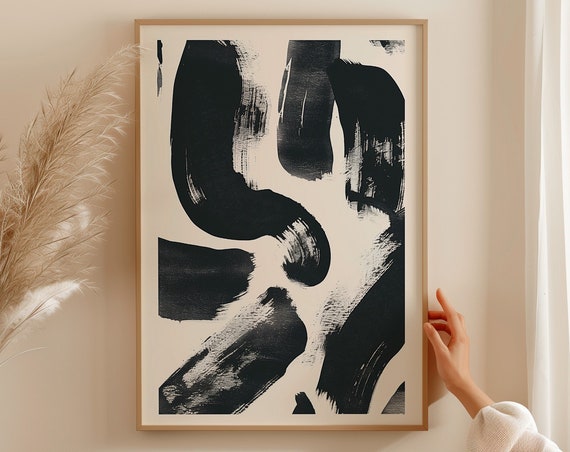 Geometrical Modern Abstract Art Curvilinear Beige Black Print Mid Century Modern Wall Art Large Abstract Decor Beige Art