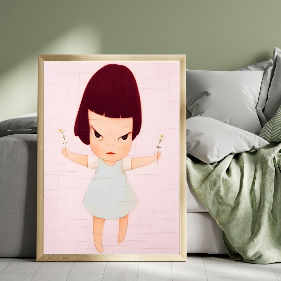 Yoshitomo Nara Girl Holding Flowers Defiant Pastel Japanese Art Poster - Image 4