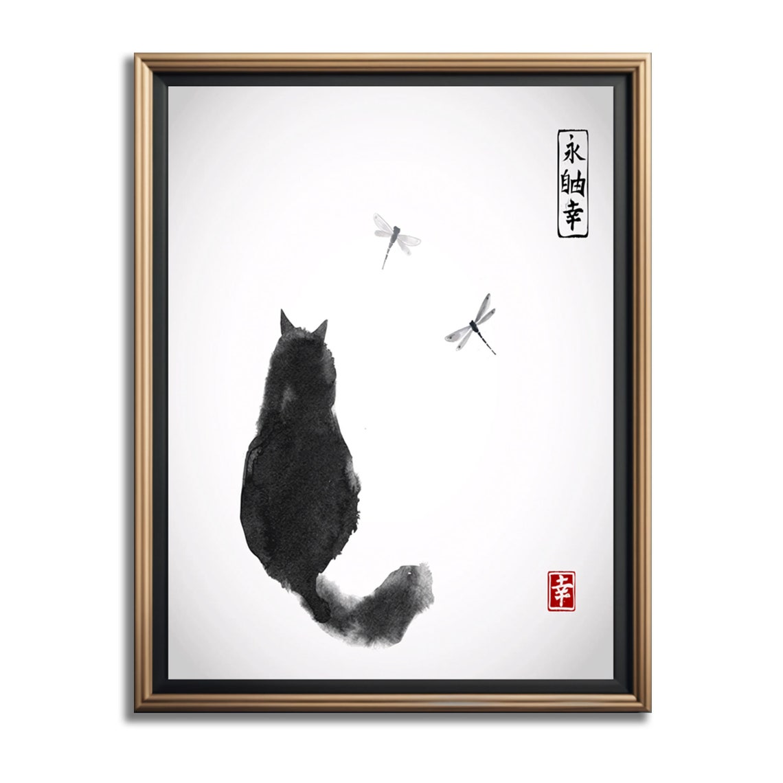 Black Ink Cat Watching Dragonflies Japanese Sumi-E Style Poster - Image 4