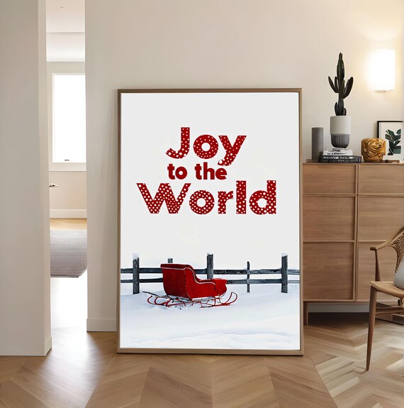 Joy To The World Red Sleigh Snow Christmas Holiday Art Poster
