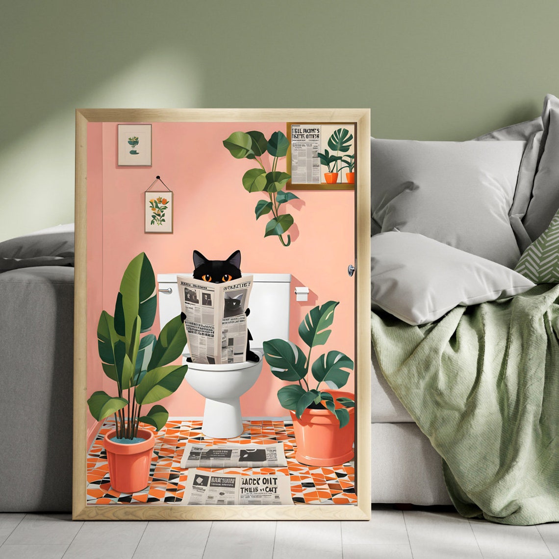 Black Cat Reading Newspaper on Toilet Funny Bathroom Decor Wall Art - Image 2